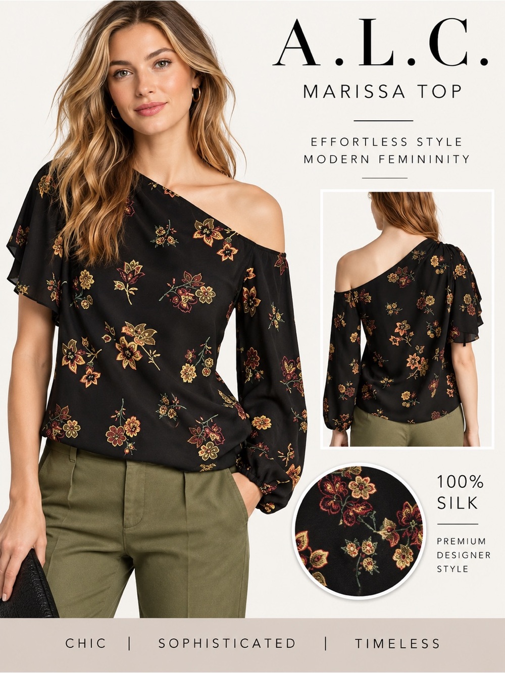 A.L.C. Marissa Black Floral Silk One Shoulder Asymmetrical Top Size 0